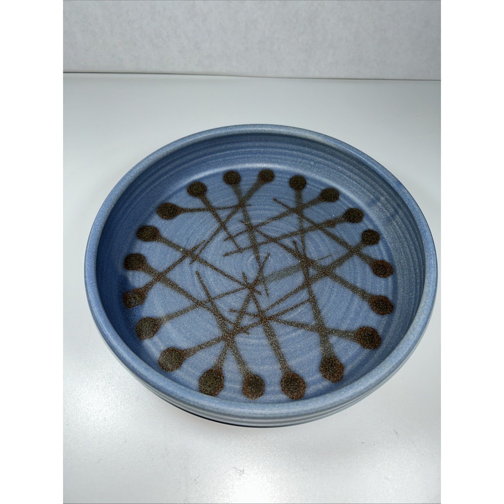 Vintage Stoneware Pottery Bowl Chris Heckman 1988 Starburst style blue brown